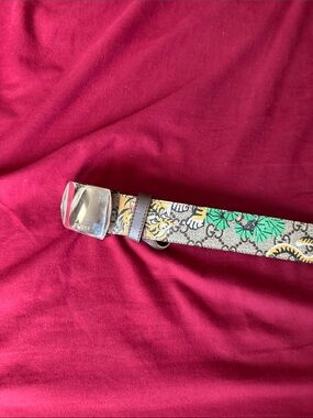 Gucci GG Canvas Floral Belt with Silver Buckle — Green and Brown Accents